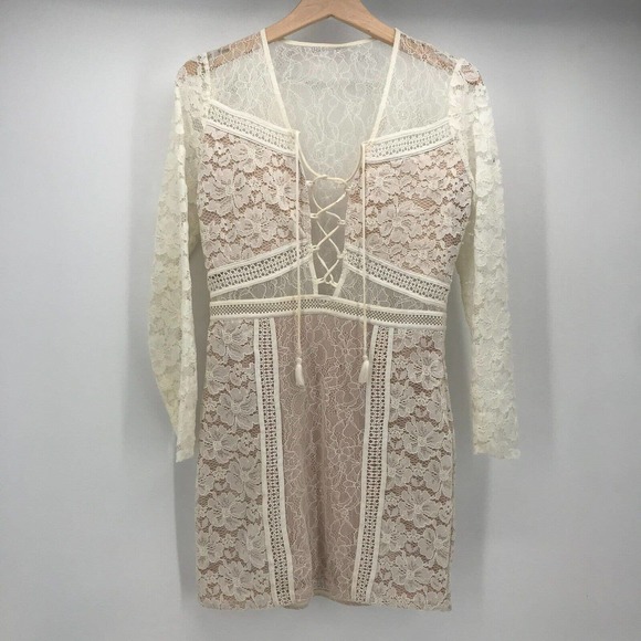 Express Dress Womens 6 Ivory Lace Semi Sheer Cut Out Deep V Neck Lace Mini Boho - Picture 1 of 12